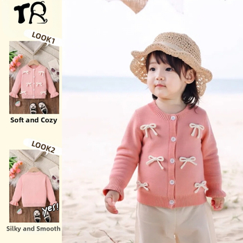 Slatki ružičasti bijeli kardigan s mašnom i gumbima za bebe, pleteni pulover dugih rukava s rog rukavima za djevojčice