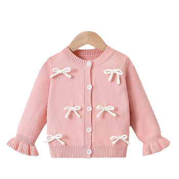 Ροζ, λευκό, πλεκτό πουλόβερ με κουμπιά και φιόγκο, κατάλληλο για κορίτσια