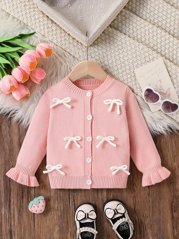 Slatki ružičasti bijeli kardigan s mašnom i gumbima za bebe, pleteni pulover dugih rukava s rog rukavima za djevojčice