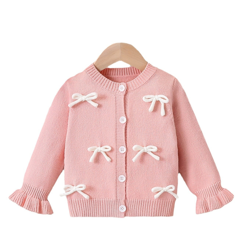 Slatki ružičasti bijeli kardigan s mašnom i gumbima za bebe, pleteni pulover dugih rukava s rog rukavima za djevojčice