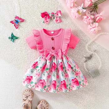 Letné dievčenské šaty s krátkym rukávom a mašľou, kvetinovou potlačou a sviežim vzorom pre dievčatá cez hranice INS