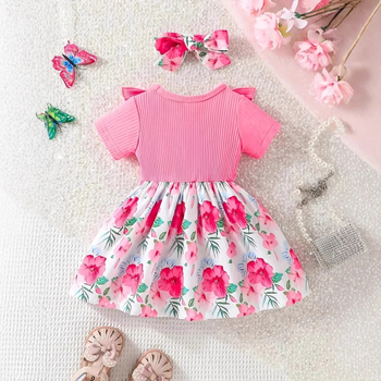 Letné dievčenské šaty s krátkym rukávom a mašľou, kvetinovou potlačou a sviežim vzorom pre dievčatá cez hranice INS