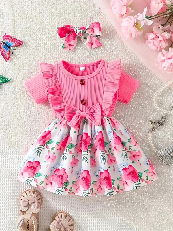 Letné dievčenské šaty s krátkym rukávom a mašľou, kvetinovou potlačou a sviežim vzorom pre dievčatá cez hranice INS