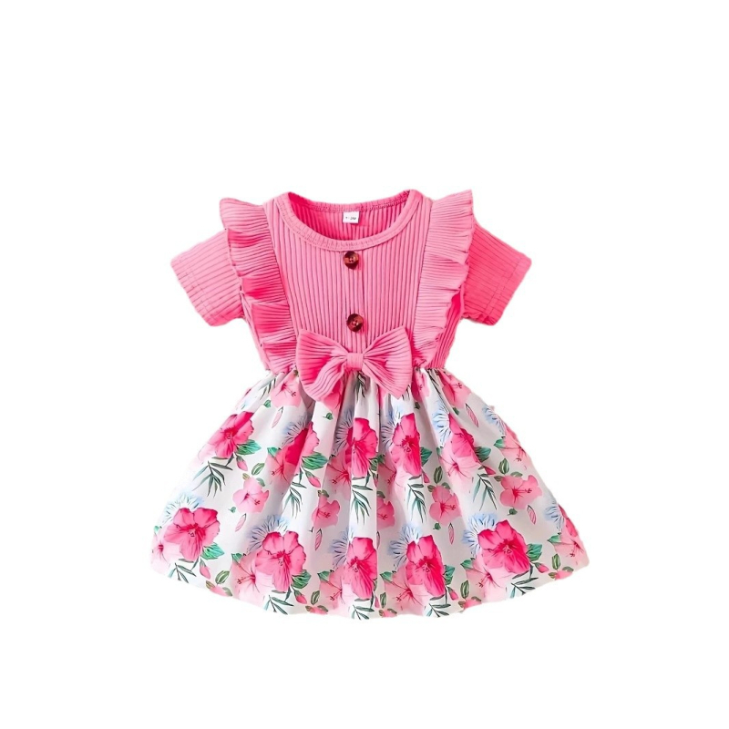 Letné dievčenské šaty s krátkym rukávom a mašľou, kvetinovou potlačou a sviežim vzorom pre dievčatá cez hranice INS