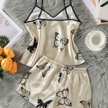 Διασυνοριακές εκρήξεις απομίμησης μεταξωτών πιτζάμες γυναικεία μόδα πεταλούδα τυπωμένα σορτς σπίτι ρούχα κοστούμι σέξι τιράντες χονδρικής