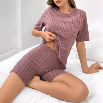 2024 Διασυνοριακό Ευρωπαϊκό και Αμερικανικό Amazon Knit Set Αδυνατίσματος Μονόχρωμο Ριμπ Σορτς Γυναικείο Casual Στυλ Μόδα Αναψυχή