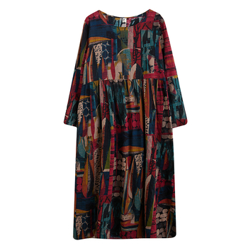 Magas derekú, toldásmintás, nyomtatott pamut és lenvászon őszi plus size női vastag mm-es hosszú ujjú, kerek nyakú, hosszú A-vonalú szoknya