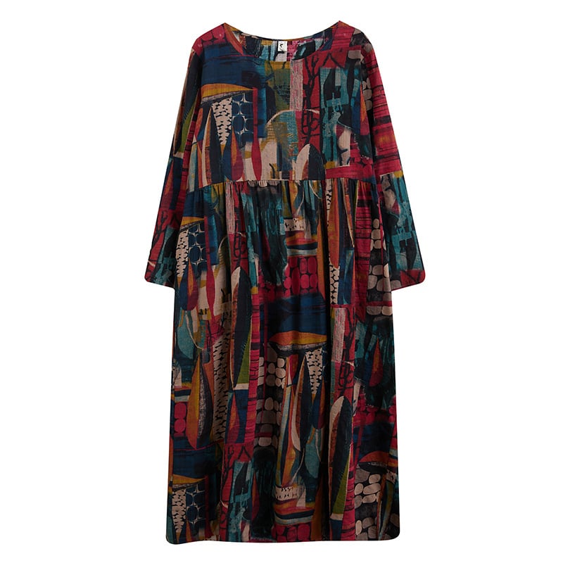 Magas derekú, toldásmintás, nyomtatott pamut és lenvászon őszi plus size női vastag mm-es hosszú ujjú, kerek nyakú, hosszú A-vonalú szoknya