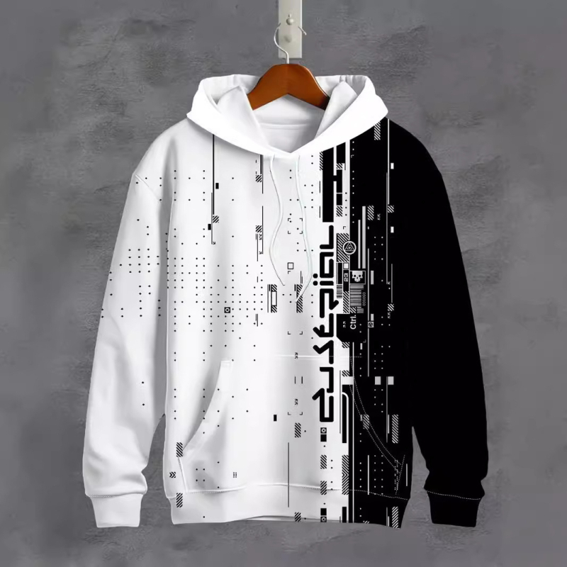 Čiernobiely kontrastný 3D tlačený veľkoobchodný predaj na sklade, dámsky street Joker sťahovacím pásom, voľný sveter s kapucňou a širokými ramenami