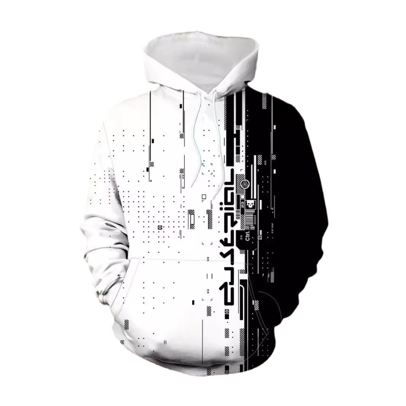 Čiernobiely kontrastný 3D tlačený veľkoobchodný predaj na sklade, dámsky street Joker sťahovacím pásom, voľný sveter s kapucňou a širokými ramenami