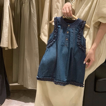 Korea tüdrukute teksariidest vestiga seelik, seenekujulise pitsiga varrukateta õhuke pühadestiilis kleit L576