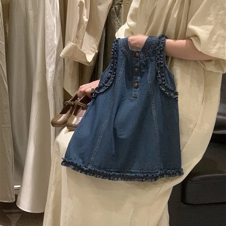 Korejiešu meiteņu džinsa vestes svārki ar sēnītes mežģīņu piedurknēm, plāna svētku stila kleita L576
