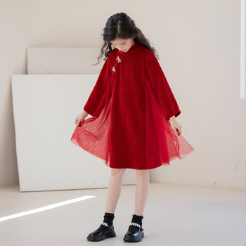 Djevojačka jesensko-zimska zadebljana haljina 2025. u kineskom stilu, crveno odijelo Tang, novogodišnja odjevna kombinacija za stariju djecu, haljina dugih rukava
