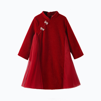 Djevojačka jesensko-zimska zadebljana haljina 2025. u kineskom stilu, crveno odijelo Tang, novogodišnja odjevna kombinacija za stariju djecu, haljina dugih rukava