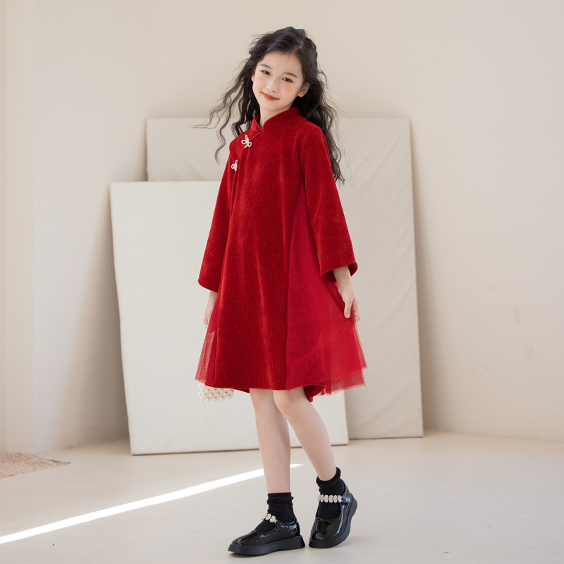 Djevojačka jesensko-zimska zadebljana haljina 2025. u kineskom stilu, crveno odijelo Tang, novogodišnja odjevna kombinacija za stariju djecu, haljina dugih rukava
