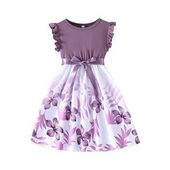 24 καλοκαιρινά κορίτσια νέα φούστα με floral μοτίβο, μονόχρωμο αμάνικο φόρεμα με ζώνη από ξύλο