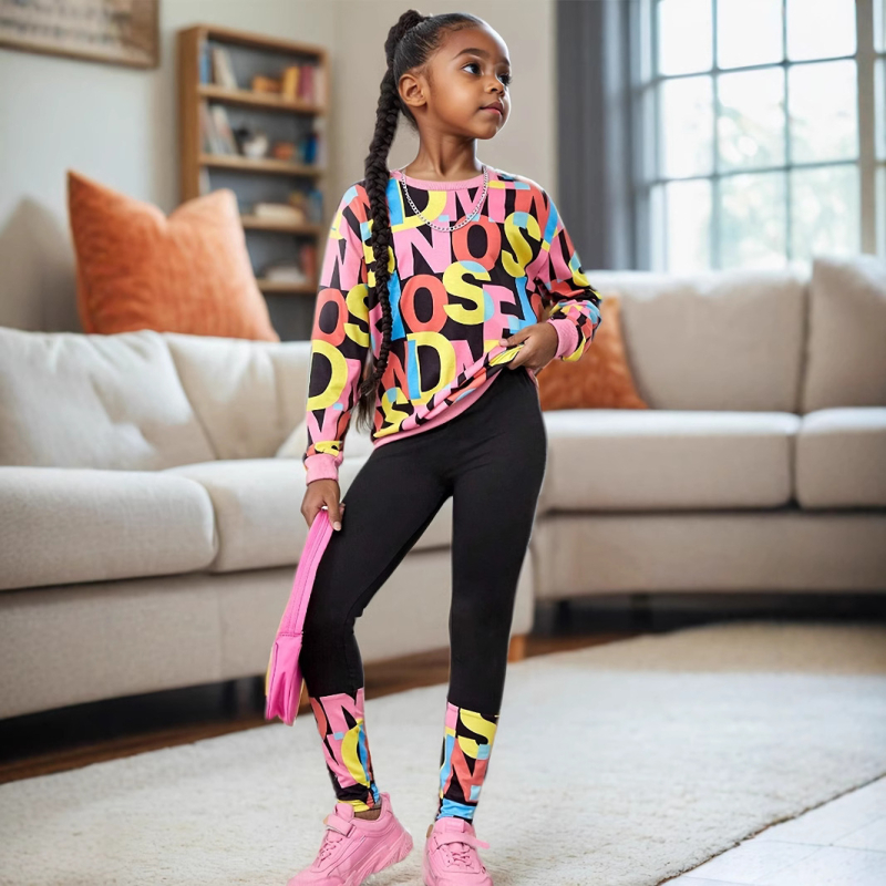 Djevojačka majica s uzorkom slova i okruglim izrezom, ležerno odijelo i tajice za prekogranični izvoz