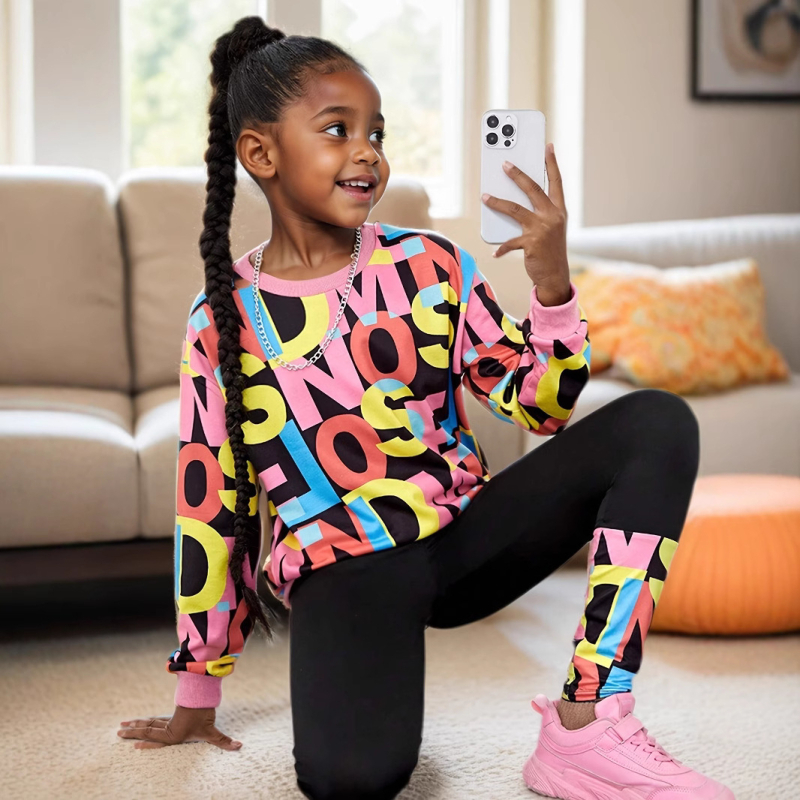 Djevojačka majica s uzorkom slova i okruglim izrezom, ležerno odijelo i tajice za prekogranični izvoz