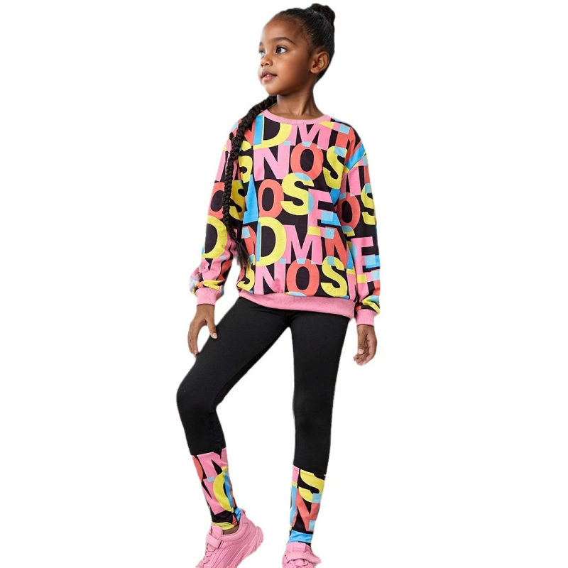 Djevojačka majica s uzorkom slova i okruglim izrezom, ležerno odijelo i tajice za prekogranični izvoz