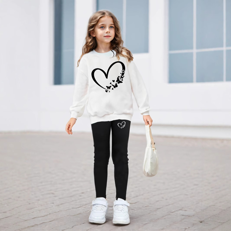 Prekogranična vanjska trgovina INS djevojke djevojke u slobodno vrijeme s tiskom u obliku srca bijeli okrugli izrez džemper i crne hlače jesensko odijelo
