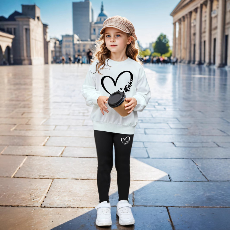 Prekogranična vanjska trgovina INS djevojke djevojke u slobodno vrijeme s tiskom u obliku srca bijeli okrugli izrez džemper i crne hlače jesensko odijelo