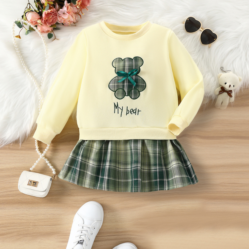 Jesenska prekogranična djevojačka majica s dugim rukavima, okruglim izrezom i kariranim medvjedićem, s mašnom