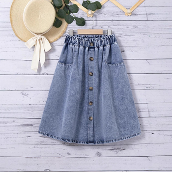 Europos ir Amerikos „Amazon“ 2025 m. pavasario naujo stiliaus paauglių mergaičių skalbto džinso vidutinio ilgio sijonas, „Preppy“ stilius mažoms mergaitėms