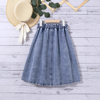 Europos ir Amerikos „Amazon“ 2025 m. pavasario naujo stiliaus paauglių mergaičių skalbto džinso vidutinio ilgio sijonas, „Preppy“ stilius mažoms mergaitėms