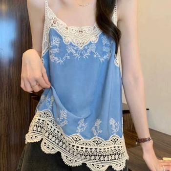 Nėriniais siuvinėta etninio stiliaus nėrinių siūlė be rankovių, išorinė petnešėlė, moteriška vasarinė, nauja, laisva, liekninanti, vakarietiško stiliaus palaidinė
