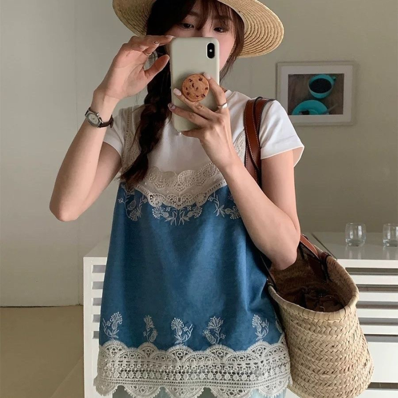 Nėriniais siuvinėta etninio stiliaus nėrinių siūlė be rankovių, išorinė petnešėlė, moteriška vasarinė, nauja, laisva, liekninanti, vakarietiško stiliaus palaidinė