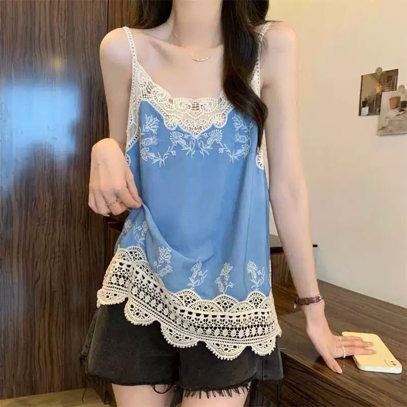 Nėriniais siuvinėta etninio stiliaus nėrinių siūlė be rankovių, išorinė petnešėlė, moteriška vasarinė, nauja, laisva, liekninanti, vakarietiško stiliaus palaidinė