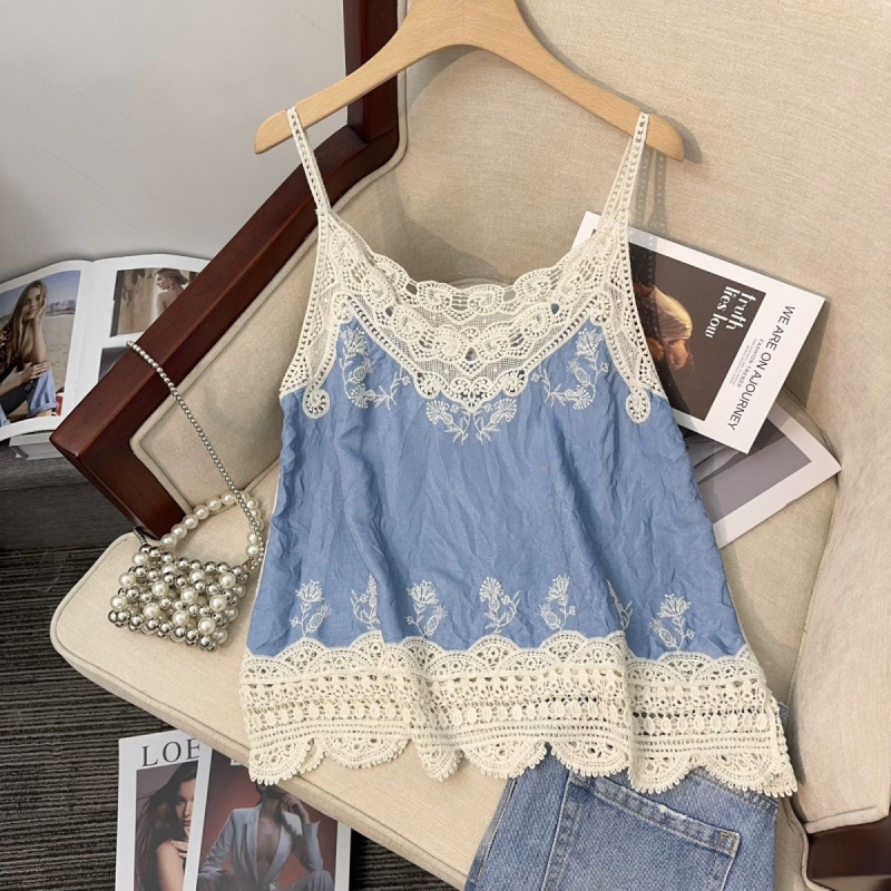 Nėriniais siuvinėta etninio stiliaus nėrinių siūlė be rankovių, išorinė petnešėlė, moteriška vasarinė, nauja, laisva, liekninanti, vakarietiško stiliaus palaidinė