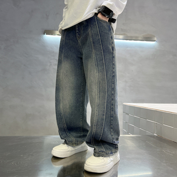 Παιδικά τζιν άνοιξη και φθινόπωρο 2024 νέα παντελόνια μάρκας μόδας για αγόρια, μεσαίου και μεγάλου μεγέθους, ανοιξιάτικα, χαλαρά παντελόνια δυτικού τύπου με φαρδιά μπατζάκια