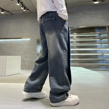 Παιδικά τζιν άνοιξη και φθινόπωρο 2024 νέα παντελόνια μάρκας μόδας για αγόρια, μεσαίου και μεγάλου μεγέθους, ανοιξιάτικα, χαλαρά παντελόνια δυτικού τύπου με φαρδιά μπατζάκια