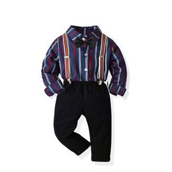 Chlapčenské oblečenie s dlhým rukávom, farebne kontrastnými pruhmi, trakmi a nohavicami, pánsky oblek, detský pánsky outfit, sviatočné šaty