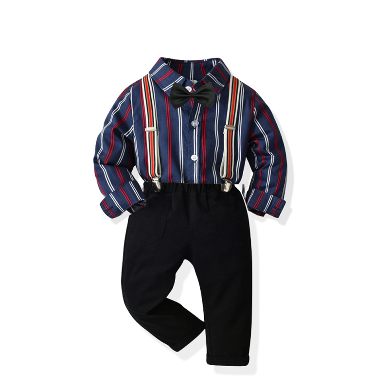 Chlapčenské oblečenie s dlhým rukávom, farebne kontrastnými pruhmi, trakmi a nohavicami, pánsky oblek, detský pánsky outfit, sviatočné šaty