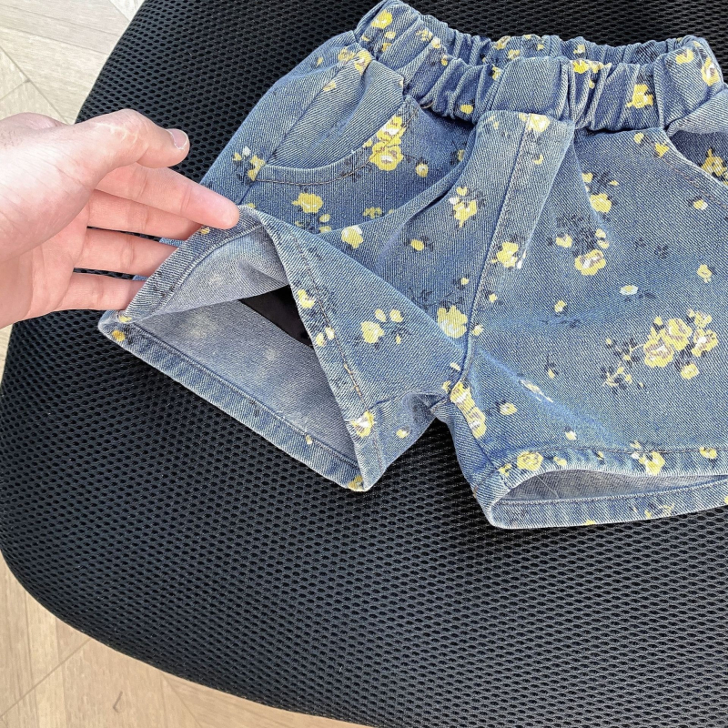 Letný detský oblek v kórejskom štýle, trendy štýl, potlačené džínsové šortky, krátky rukáv, detský oblek, modré bavlnené oblečenie