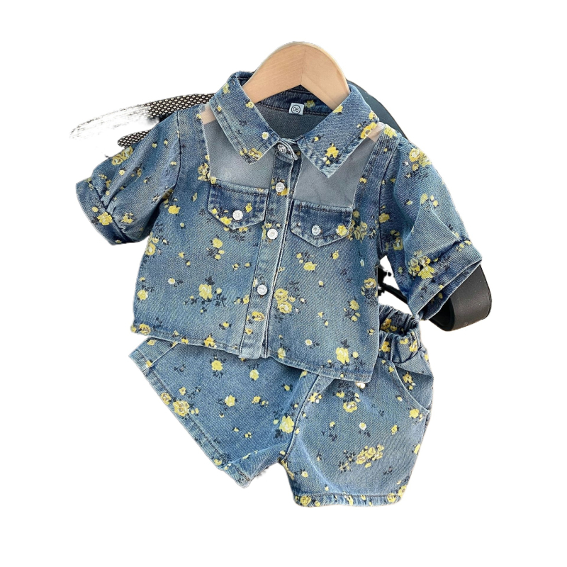 Letný detský oblek v kórejskom štýle, trendy štýl, potlačené džínsové šortky, krátky rukáv, detský oblek, modré bavlnené oblečenie