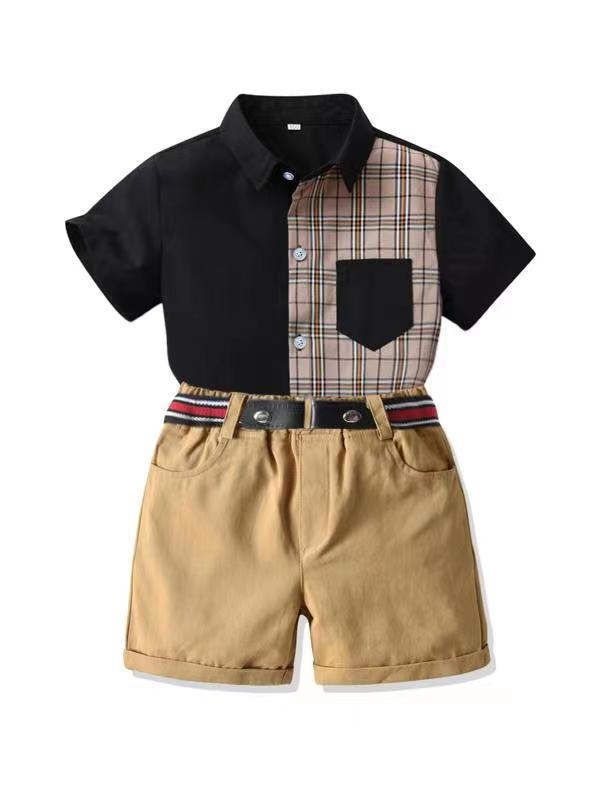 Ljetna karirana košulja kratkih rukava za dječake, kratke hlače, odijelo s remenom, svečano odijelo za Dan diplomiranja