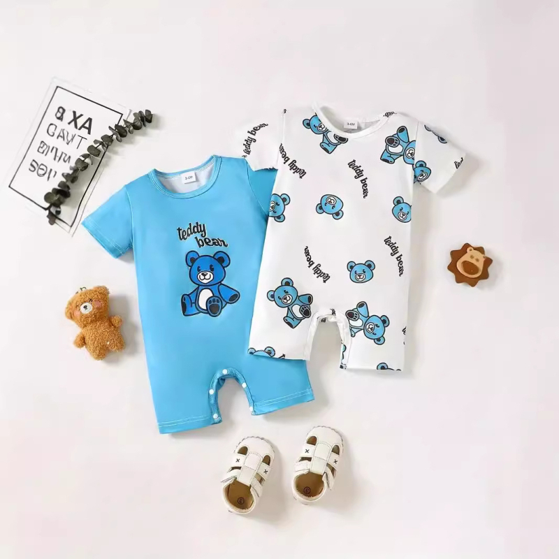 Detská letná súprava s krátkym rukávom a potlačou písmen s medvedíkom pre bábätká