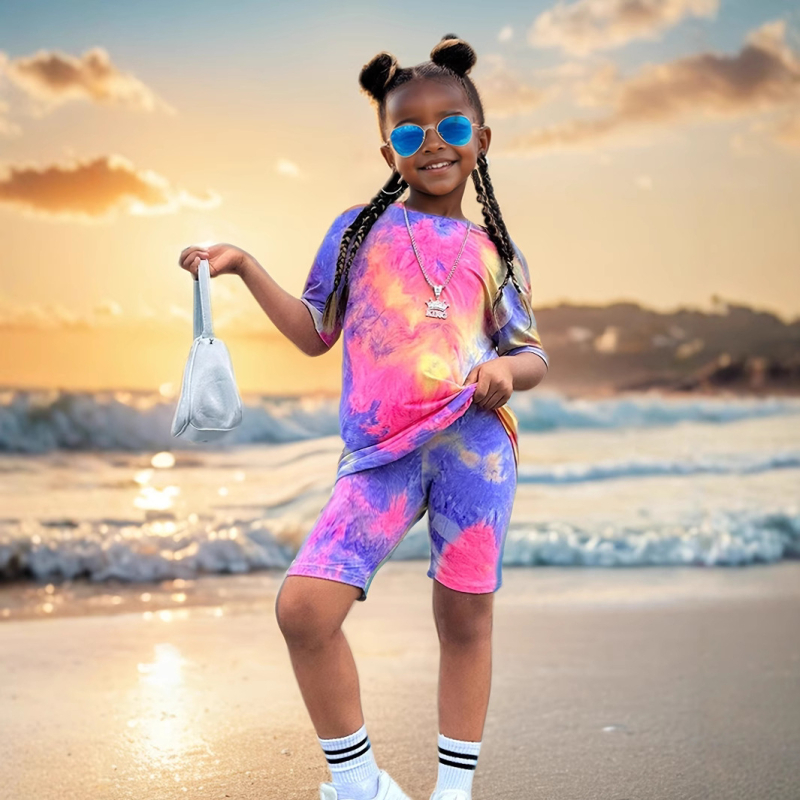 Dievčenský celoplošne potlačený batikovaným vzorom s krátkym rukávom, letné oblečenie s krátkym rukávom vhodné pre deti vo veku 1 – 12 rokov