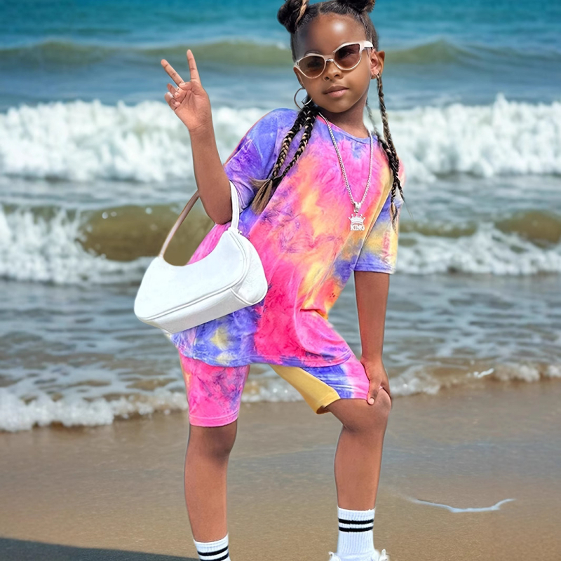 Dievčenský celoplošne potlačený batikovaným vzorom s krátkym rukávom, letné oblečenie s krátkym rukávom vhodné pre deti vo veku 1 – 12 rokov