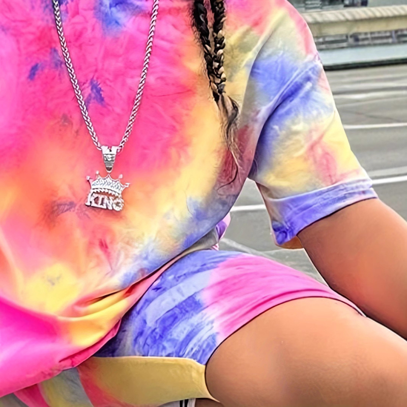 Dievčenský celoplošne potlačený batikovaným vzorom s krátkym rukávom, letné oblečenie s krátkym rukávom vhodné pre deti vo veku 1 – 12 rokov