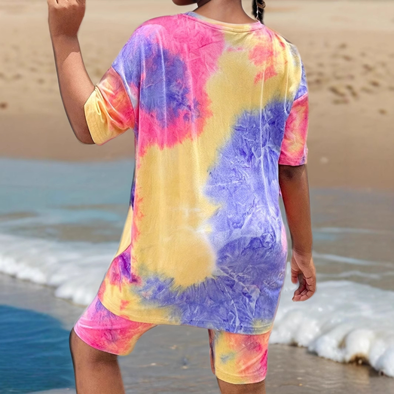 Dievčenský celoplošne potlačený batikovaným vzorom s krátkym rukávom, letné oblečenie s krátkym rukávom vhodné pre deti vo veku 1 – 12 rokov