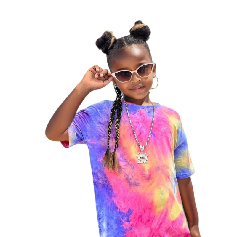 Dievčenský celoplošne potlačený batikovaným vzorom s krátkym rukávom, letné oblečenie s krátkym rukávom vhodné pre deti vo veku 1 – 12 rokov