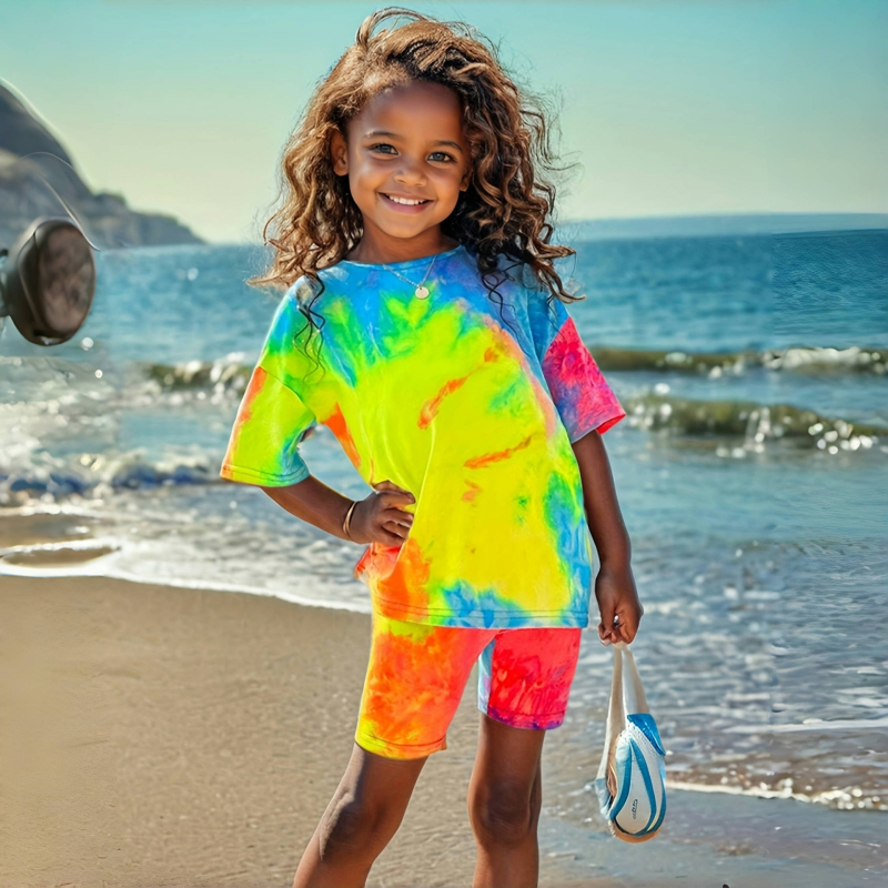 Dievčenský celoplošne potlačený batikovaným vzorom s krátkym rukávom, letné oblečenie s krátkym rukávom vhodné pre deti vo veku 1 – 12 rokov