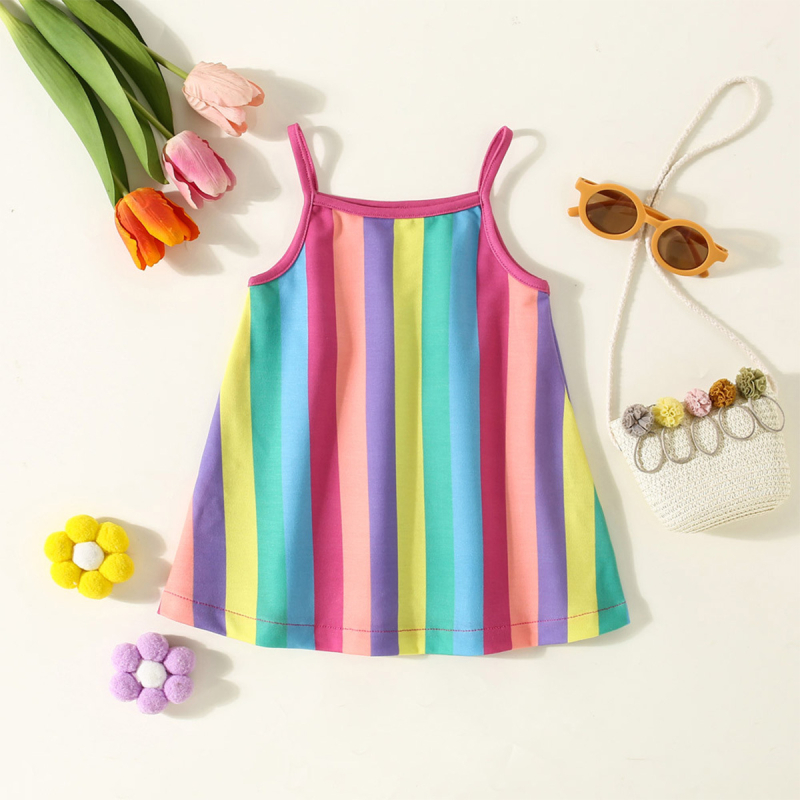Letné nové dievčenské šaty s dúhovou farbou, výrazná pruhovaná nazúvacia sukňa