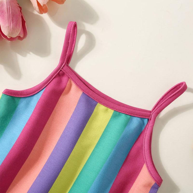 Letné nové dievčenské šaty s dúhovou farbou, výrazná pruhovaná nazúvacia sukňa