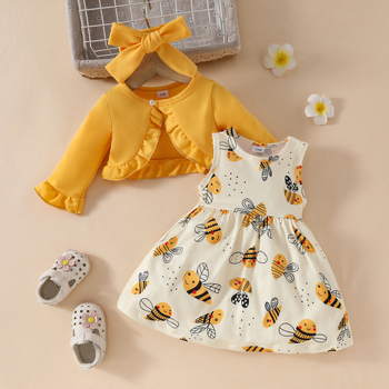 Dievčenské roztomilé šaty s potlačou včiel, bez rukávov, dlhý rukáv, čipkovaná krátka bunda
