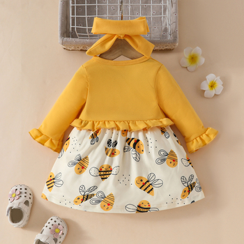 Σετ χαριτωμένου φορέματος με στάμπα μέλισσας για μωρά, διασυνοριακά, αμάνικο φόρεμα, τρομπέτα, κοντό μπουφάν με μακριά μανίκια και δαντέλα